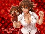  1girl breasts brown_eyes brown_hair cleavage clenched_hand collarbone collared_shirt danganronpa dark_skin dress_shirt food food_on_face hair_between_eyes happy_birthday holding holding_food large_breasts meat medium_hair miniskirt open_mouth owari_akane pleated_skirt red_background red_skirt shiny shiny_skin shirt short_sleeves skirt solo star starry_background super_danganronpa_2 sweatdrop unbuttoned unbuttoned_shirt v-shaped_eyebrows white_shirt wing_collar yumaru_(marumarumaru) 