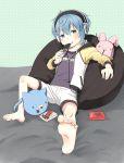  1boy barefoot blue_hair blush candy chocolate eating feet food headphones jacket male_focus original os_(os_fresa) pocky shorts smile soles solo stuffed_toy toes 