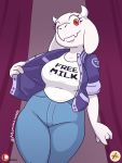  2019 anthro biped boss_monster bovid caprine clothing cute_fangs english_text floppy_ears front_view fur furboz goat horn jacket jeans light_fur looking_at_viewer mammal pale_fur pants patreon red_eyes red_pupils shirt signature standing text topwear toriel undertale video_games white_fur 