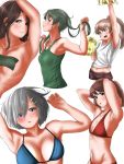  5girls alternate_costume bikini black_hair blue_bikini blue_eyes blush breasts brown_hair brown_shorts closed_mouth eyebrows_visible_through_hair green_eyes green_hair green_shirt grey_hair hair_between_eyes hair_ornament hairclip hamakaze_(kantai_collection) high_ponytail highres jintsuu_(kantai_collection) kantai_collection kumano_(kantai_collection) large_breasts long_hair looking_at_viewer medium_breasts multiple_girls navel nipples open_mouth ponytail red_bikini ryuujou_(kantai_collection) shirt short_hair shorts silver_hair simple_background small_breasts swimsuit tama_(seiga46239239) twintails white_background white_shirt zuikaku_(kantai_collection) 