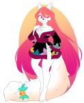  :3 akaunkel anthro artemis_tsukino bell black_nose bow_tie breasts cleavage clothed clothing domestic_cat felid feline felis female fluffy fluffy_tail fur hair hi_res japanese_clothing kimono long_hair long_tail mammal pink_eyes pink_hair pose solo standing white_fur 