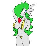  1:1 big_breasts bikini blue_eyes breasts chest_spike clothing gardevoir green_hair hair lola_the_gardewhore nintendo pok&eacute;mon pok&eacute;mon_(species) simple_background sling_bikini smile swimwear video_games zeldafan777 