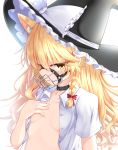  1girl animal_ear_fluff animal_ears bangs black_choker black_headwear blonde_hair bow braid breasts cat_ears choker clenched_teeth collarbone commentary_request eyebrows_visible_through_hair frilled_bow frills hair_between_eyes hair_bow hand_on_own_chest hat hat_bow highres kirisame_marisa long_hair looking_at_viewer muzzle open_clothes open_shirt parted_lips rankasei red_bow shirt short_sleeves simple_background single_braid small_breasts solo teeth touhou tsurime upper_body white_background white_bow white_shirt witch_hat yellow_eyes 