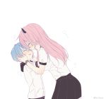  1boy 1girl age_difference blue_hair blush demon_horns eyes_closed face-to-face horns long_hair original os_(os_fresa) pink_hair simple_background skirt smile white_background 