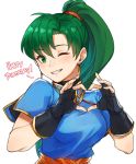  ! 1girl asymmetrical_bangs bangs black_gloves blue_dress blush breasts clenched_teeth dress earrings english_text eyebrows_visible_through_hair eyes_visible_through_hair female fingerless_gloves fire_emblem fire_emblem:_rekka_no_ken fire_emblem_heroes gloves green_eyes green_hair grin hair_between_eyes hands_up happy_birthday heart heart_hands high_ponytail highres jewelry kamu_(kamuuei) long_hair looking_at_viewer lyndis_(fire_emblem) medium_breasts nintendo one_eye_closed ponytail short_sleeves side_slit smile solo teeth upper_body white_background wink 