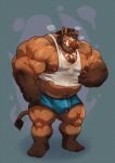  2019 anthro beard brown_fur brown_hair clothing facial_hair fingernails fur growth hair hi_res jewelry kusunagi male mammal muscle_growth musclegut muscular muscular_male nails navel necklace nipples open_mouth pecs precum quads shirt solo suid suina sus_(pig) tank_top toenails topwear tusks underwear wild_boar 