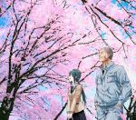  1boy 1girl blazer cherry_blossoms green_hair hands_in_pockets jacket long_sleeves necktie original pageratta pleated_skirt scar school_uniform shaved_head skirt tree twintails 