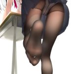  1girl black_hair blue_skirt commentary_request desk feet head_out_of_frame highres leaning_forward leaning_on_object leg_up lower_body murakami_suigun no_shoes panties pantyhose pantyshot pleated_skirt pov_feet red_neckwear school_desk see-through sheer_legwear shirt simple_background skirt soles solo thighs toes underwear upskirt white_background white_panties white_shirt 