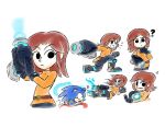  ! 1boy 1girl ? angry arm_cannon belt belt_buckle black_eyes blue_fur blue_hair boots brown_hair crossover deddorain eyebrows eyebrows_visible_through_hair eyelashes female female_focus fighting_stance finger_on_chin gloves glowing glowing_weapon hair hand_on_weapon male mii_gunner motion_lines nintendo open_mouth orange_shirt pointing_weapon raised_eyebrow sega shirt shocked smile sonic_(series) sonic_the_hedgehog super_smash_bros. sweat teeth thinking waving weapon 