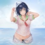  1girl anchor_symbol aqua_eyes arms_up bangs black_hair blue_sky breasts commentary_request cowboy_shot day green_sailor_collar hat highres looking_at_viewer murasa_minamitsu neckerchief open_fly outdoors plump pubic_hair red_neckwear sailor_collar sailor_hat sailor_shirt shirt short_hair shorts sky small_breasts smile solidstatesurvivor solo standing touhou wading water wet wet_clothes wet_shirt white_headwear white_shirt white_shorts 