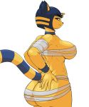  2019 animal_crossing ankha_(animal_crossing) annoyed anthro bandage big_breasts big_butt blue_fur blue_hair bracelet breasts butt claws collar danonymous derisive domestic_cat felid feline felis female fur hair hand_on_butt hi_res jewelry looking_at_viewer mammal nintendo simple_background solo standing striped_tail stripes video_games voluptuous yellow_fur 