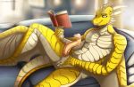  2019 5_fingers anthro balls blue_eyes book detailed_background digital_media_(artwork) dragon horn l1ntu lying male penis scales scalie smile solo spines tai_lung_(artist) western_dragon yellow_scales 