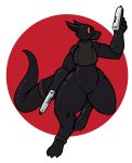  2019 anthro bodysuit clothing eyewear female goggles gun handgun hi_res holding_object horn lizard navel ranged_weapon reptile rubber scalie skinsuit thick_thighs tight_clothing trout_(artist) vest weapon wide_hips 