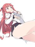  1girl arca_(summon_night) black_bow bow closed_mouth eyebrows_visible_through_hair hair_bow ixy long_hair long_sleeves looking_up miniskirt purple_eyes red_hair simple_background sitting skirt solo summon_night summon_night_5 thighs white_background 