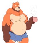  anthro beard belly beverage biceps bulge chest_tuft chisuun clothed clothing coffee cup digital_media_(artwork) eyebrows facial_hair hair male mammal musclegut muscular muscular_male navel nipples overweight overweight_male pecs portrait sideburns simple_background solo standing steam three-quarter_portrait tired topless tuft underwear underwear_only ursid 