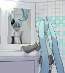  2girls aqua_eyes aqua_hair bare_shoulders bathroom commentary cowboy_shot detached_sleeves dual_persona faucet floating_hair from_behind hair_ornament hatsune_miku hatsune_miku_(append) highres long_hair looking_at_mirror mikidar mirror multiple_girls necktie reflection shaded_face shirt skirt sleeveless sleeveless_shirt surprised thighhighs tiles twintails very_long_hair vocaloid vocaloid_append 