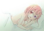  1girl breasts female heterochromia long_hair lying on_bed on_side open_mouth original os_(os_fresa) pink_hair pointy_ears purple_eyes red_eyes solo 