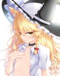  1girl animal_ear_fluff animal_ears bangs black_choker black_headwear blonde_hair bow braid breasts cat_ears choker clenched_teeth collarbone commentary_request eyebrows_visible_through_hair frilled_bow frills hair_between_eyes hair_bow hand_on_own_chest hat hat_bow highres kirisame_marisa long_hair looking_at_viewer open_clothes open_shirt parted_lips rankasei red_bow shirt short_sleeves simple_background single_braid small_breasts solo teeth touhou tsurime upper_body white_background white_bow white_shirt witch_hat yellow_eyes 