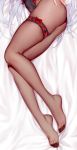  1girl azur_lane bed_sheet belfast_(azur_lane) bow commentary_request feet highres knees_together_feet_apart legs leotard long_hair lower_body lying obiwan on_side out_of_frame pantyhose red_bow sheer_legwear silver_hair solo thigh_strap toes very_long_hair 