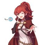  1girl absurdres anna_(fire_emblem) breasts brown_eyes cape commission finger_to_face fire_emblem fire_emblem_if highres looking_at_viewer nintendo open_mouth outstretched_hand ponytail red_cape red_hair simple_background snowsakura_art solo twitter_username 