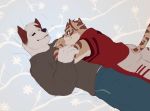  absurd_res anthro aru bed canid canine canis clothing cuddling felid feline fur green_eyes hi_res leopard_cat male male/male mammal merdekyle7 nekojishi prionailurus shu-chi smile white_fur wolf 