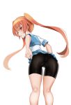  1girl absurdres bike_shorts black_legwear eyebrows_visible_through_hair female from_behind highres long_hair looking_back open_mouth orange_eyes orange_hair panties panties_under_shorts pleated_skirt shiny shiny_clothes shirt short_sleeves simple_background skirt solo standing striped striped_panties thighhighs twintails ueno-san_wa_bukiyou ueno_(ueno-san_wa_bukiyou) underwear white_background white_shirt zasshu 
