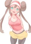  1girl :d arms_behind_back bare_arms black_legwear blue_eyes bow bowtie breasts brown_hair chorimokki cleavage cowboy_shot creatures_(company) double_bun game_freak hair_bun low_twintails mei_(pokemon) midriff navel nintendo open_mouth pantyhose pokemon pokemon_(game) pokemon_bw2 puffy_shorts shorts sleeveless smile solo twintails visor_cap 