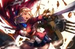  1girl azur_lane bangs blonde_hair blue_skirt braid breasts cannon commentary_request french_braid holding holding_sword holding_weapon huamuan_huamuan large_breasts long_sleeves machinery miniskirt open_mouth prince_of_wales_(azur_lane) red_eyes rigging short_hair skirt solo sword turret weapon 