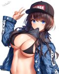  1girl artist_name bangs baseball_cap belt bikini black_bikini black_headwear blue_eyes blue_jacket breasts brown_hair cleavage clothes_writing eyebrows_visible_through_hair grey_shirt hand_up hat highres jacket large_breasts long_hair long_sleeves looking_at_viewer low_twintails mouth_hold navel open_clothes open_jacket original shiny shiny_skin shirt shirt_lift sidelocks signature smile solo stomach swimsuit twintails upper_body w wsman 