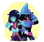  belt black_fur black_robe blue_skin blush boots bovid clothing collar cuchufliqwq deltarune deltaswap eyewear fluffy footwear fur glasses gloves hat headgear headwear human kris_(deltarune) mammal poncho purple_clothing purple_shirt purple_topwear ralsei shirt simple_background topwear video_games 