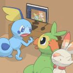  1:1 2019 5_fingers ? aliasing ambiguous_gender argon_vile black_eyes blue_body blue_eyes computer crotch_tuft desk e621 eye_contact eyes_closed green_body grookey group inside looking_at_another male monitor motion_lines nintendo nipples nude open_mouth pok&eacute;mon pok&eacute;mon_(species) scorbunny smile sobble standing tongue tongue_out video_games 