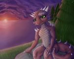  2019 5:4 anthro claws detailed_background digital_media_(artwork) female forest grass half-closed_eyes hi_res homo_the_domo horn invalid_tag kobold lake mammal outside reptile rock scalie sky solo sunset tired tired_eyes tree water 