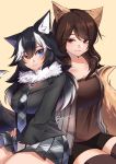  2girls absurdres animal_ears black_hair blue_eyes breasts brown_eyes brown_hair commission dog_ears dog_girl dog_tail eyebrows_visible_through_hair grey_wolf_(kemono_friends) hair_between_eyes hand_on_another&#039;s_hip heterochromia highres kemono_friends large_breasts looking_at_another looking_to_the_side multicolored_hair multiple_girls necktie ray_rie simple_background sitting skirt smile tail thighhighs thighs white_hair wolf_ears wolf_girl wolf_tail yellow_eyes 