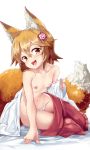  :d animal_ears arm_support blonde_hair breasts clothes_removed fang flower fox_ears fox_tail full_body hair_flower hair_ornament hakama haori japanese_clothes miko noa_(nagareboshi) open_mouth panties ribbon-trimmed_sleeves ribbon_trim senko_(sewayaki_kitsune_no_senko-san) sewayaki_kitsune_no_senko-san short_hair side-tie_panties small_breasts smile striped striped_panties tail underwear untied untied_panties 