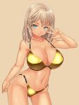  1girl bikini blue_eyes breasts gold_bikini gold_bra highres large_breasts looking_at_viewer nipples silver_hair smile solo swimsuit 