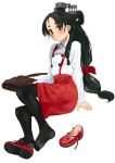  1girl alternate_costume ascot bag black_hair black_legwear brown_eyes buttons full_body hair_ornament headgear high_ponytail kantai_collection long_hair long_sleeves looking_at_viewer mary_janes nisshin_(kantai_collection) pantyhose red_footwear red_skirt shoes shoes_removed simple_background sitting skirt solo suspender_skirt suspenders tooku_nomura_(artist) white_background white_neckwear yokozuwari 