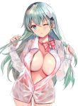  1girl aqua_eyes aqua_hair bangs blush bow bowtie breasts cowboy_shot eriyama_(user_csua4255) eyebrows_visible_through_hair hair_ornament hairclip holding holding_hair huge_breasts kantai_collection large_breasts long_hair long_sleeves looking_at_viewer naked_shirt one_eye_closed open_mouth partially_unbuttoned pink_neckwear see-through shirt sidelocks solo suzuya_(kantai_collection) white_shirt 