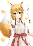  1girl animal_ears apron blush brown_eyes brown_hair closed_mouth eyebrows_visible_through_hair flower fox_ears fox_tail hair_flower hair_ornament holding holding_ladle japanese_clothes ladle long_sleeves looking_at_viewer miko senko_(sewayaki_kitsune_no_senko-san) sewayaki_kitsune_no_senko-san short_hair smile solo tail tear_u 