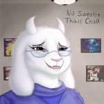  1:1 2019 anthro boss_monster bovid caprine clothed clothing deltarune dialogue digital_media_(artwork) english_text eyewear female fur glasses goat homo_the_domo horn mammal mature_female painting smile solo text toriel undertale video_games white_fur 