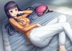  1girl ass blush breasts brown_eyes denim futon headwear_removed helmet helmet_removed high_score_girl jeans long_hair lying miyai_sen open_mouth pants purple_hair ribbed_sweater smile solo sweater 