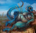  2019 anthro big_breasts blue_scales breasts claws day female fivel hi_res iguanid lizard nipples non-mammal_breasts nude outside reptile scales scalie sky smile solo voluptuous 