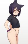  1girl animal_ear_fluff animal_ears black_panties black_shirt cat_ears collar crop_top glasses hair_ornament hairclip highleg highleg_panties houtengeki looking_at_viewer navel no_pants original panties purple_collar purple_hair purple_scrunchie pussy_peek red_eyes rimless_eyewear scrunchie shirt short_hair short_sleeves simple_background solo standing string_panties underwear wrist_scrunchie 