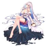  1girl 5555_96 ark_order bangs bare_legs barefoot blue_hair blush breasts cleavage detached_sleeves dress eyebrows_visible_through_hair gold hair_between_eyes head_tilt highres jewelry large_breasts leg_garter legs_crossed long_hair multicolored_hair necklace parted_lips puffer_fish puffy_short_sleeves puffy_sleeves red_eyes ring short_sleeves sidelocks silver_hair sitting solo strapless strapless_dress very_long_hair wavy_hair white_dress 