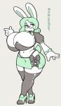  angstrom anthro big_breasts breasts clothed clothing female footwear fur green_hair hair hi_res huge_breasts lagomorph legwear leporid mammal rabbit shoes solo stockings thick_thighs white_fur wide_hips 