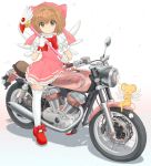  1girl bangs bow bowtie brown_hair card_captor_sakura cherry_blossoms closed_mouth collared_shirt commentary_request dress fake_wings frilled_legwear fuuin_no_tsue green_eyes ground_vehicle hat hat_bow highres holding holding_staff ichigotofu kero kinomoto_sakura logo looking_at_viewer magical_girl mary_janes motor_vehicle motorcycle namesake partial_commentary petticoat pinafore_dress pink_dress pink_headwear print_dress puffy_short_sleeves puffy_sleeves red_footwear red_neckwear riding shadow shirt shoes short_dress short_hair short_sleeves single_horizontal_stripe smile sparkle staff standing thighhighs white_background white_legwear white_shirt white_wings wings xs-v1_sakura yamaha 