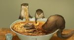 bowl commentary_request eating ferret food food_in_mouth food_on_head in_bowl in_container kamaboko munashichi narutomaki no_humans noodles object_on_head original partially_submerged ramen swimming table 