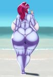  2019 beach beverage big_breasts big_butt bikini breasts butt clothing detailed_background ear_piercing ear_ring female hair hi_res huge_breasts huge_butt hyper hyper_breasts l-a-v looking_back outside piercing ponytail ribbon_(l-a-v) ribbons seaside solo swimwear thick_thighs undead water wide_hips zombie 