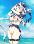  1girl ainu_clothes areolae bandanna beach blue_eyes blue_sky blush bottomless breasts clothes_removed cloud cropped_jacket dress folded_ponytail groin hair_between_eyes headband holding_clothes kamoi_(kantai_collection) kantai_collection large_breasts long_hair long_sleeves looking_at_viewer navel nipples open_mouth outdoors pubic_hair pussy sameha_ikuya sidelocks skindentation sky sleeveless sleeveless_dress solo stomach sweat thick_eyebrows white_dress white_hair wrist_guards 