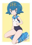  1girl :o bare_arms bare_shoulders barefoot blue_eyes blue_hair blush breasts creatures_(company) feet full_body game_freak gensei00 hair_ornament highres nintendo open_mouth pants pants_pull pokemon pokemon_(game) pokemon_sm shirt short_hair sleeveless sleeveless_shirt small_breasts solo suiren_(pokemon) trial_captain 