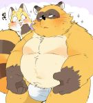  2019 anthro belly blush bulge canid canine clothing duo fox fundoshi humanoid_hands hyaku1063 japanese_clothing japanese_text male mammal navel overweight overweight_male raccoon_dog tanuki text underwear 